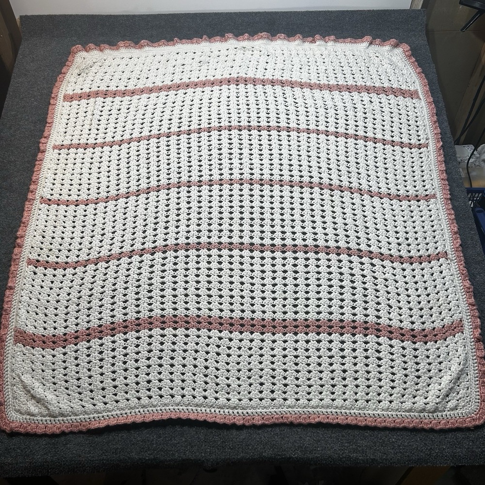 Handmade Crochet Baby Blanket Afghan Pink/white 44x42